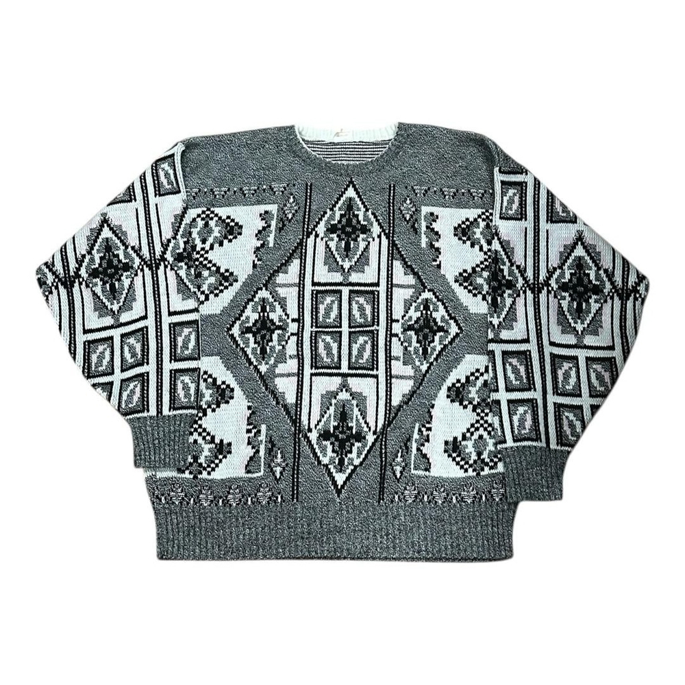 Vintage Geometric Sweater Mens Large Gray White Acrylic Knit Pullover Canada 90s